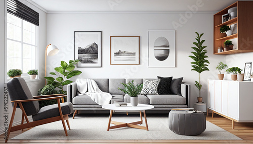 Elegant and comfortable Modern Livingroom with a neutral color palette  Paintings  interior design  sofa  wood furniture  3D Rendered  AI Generative 