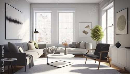 Elegant and comfortable Modern Livingroom with a neutral color palette, Paintings, interior design, sofa, wood furniture, 3D Rendered, AI Generative  © Image Innovate