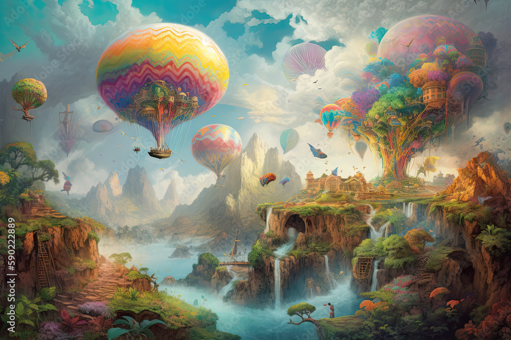 Fantasy landscape with balloons and river created with AI