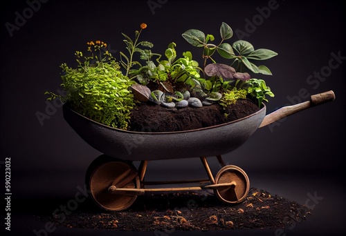 Fototapete A gardening pot in the form of a wheelbarrow used to grow plants and herbs in the garden