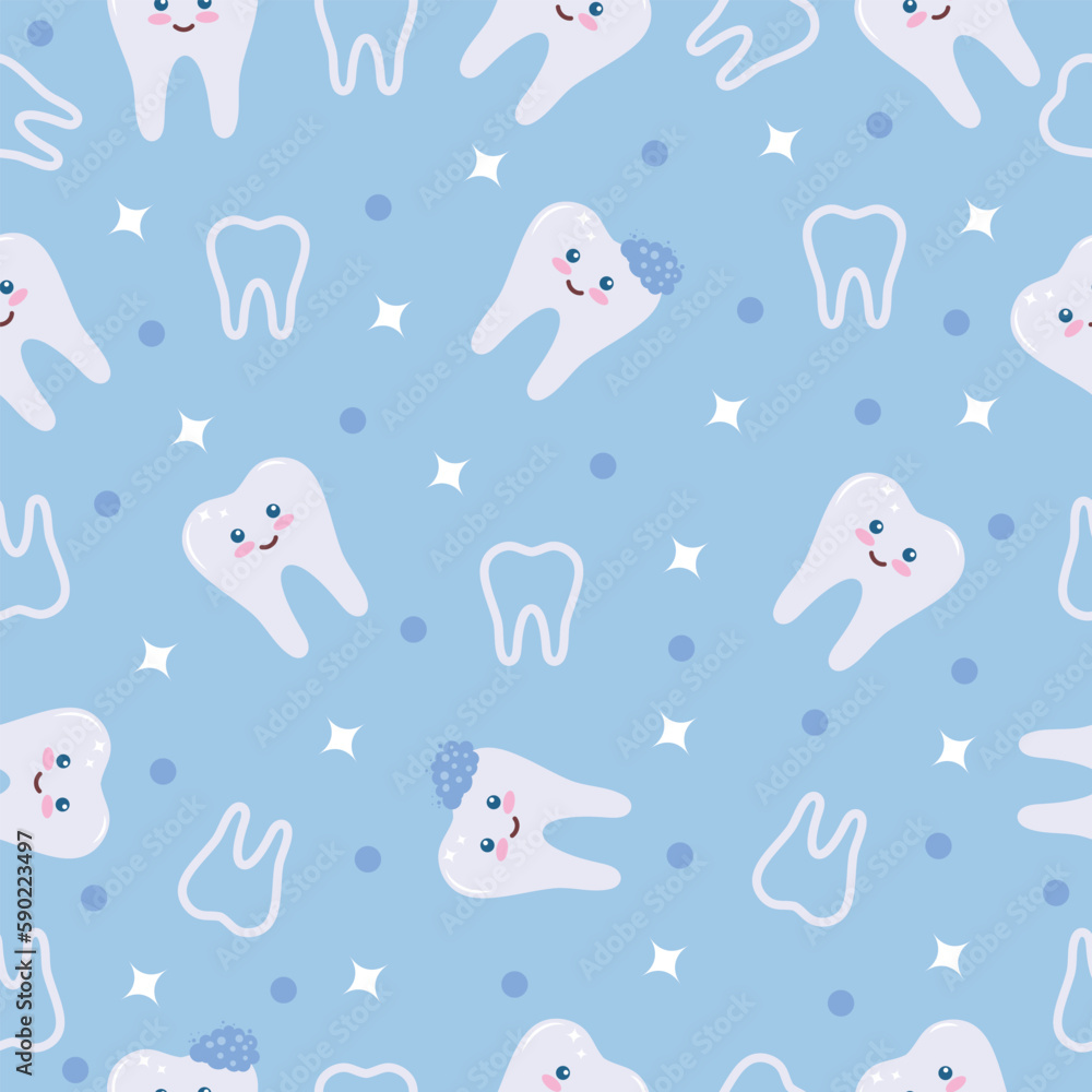 Tooth cute kawaii seamless pattern for kids or pediatric dentist supplies. Pastel blue and white molars vector stock repeat pattern for poster background.