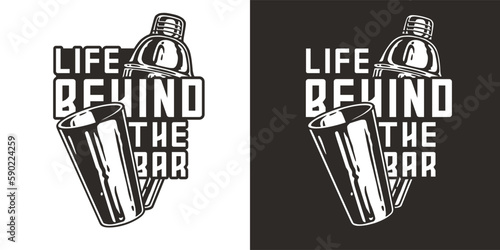 Bartender cocktail shaker and steel glass for bartending. Chromed boston shaker for barman of cocktail bar.