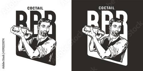 Bartender with shaker for bartending. Barman with beard and mustache for cocktail bar