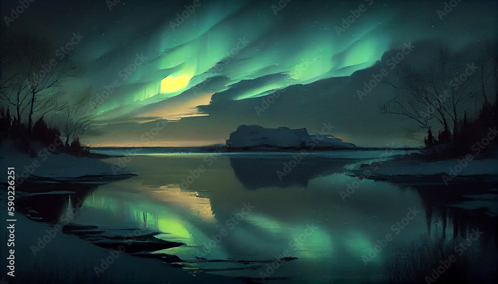 Beautiful aurora landscape, oil painting