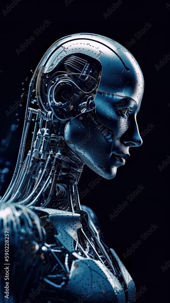 Artificial Intelligence takes command over humanity, character design, mechanical android, AI generative illustration Artificial Intelligence takes command over humanity, character design, mechanical android, AI generative illustration