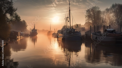 A river or harbor with boats and ships sailing into the sunrise, casting reflections on the calm water, AI generative