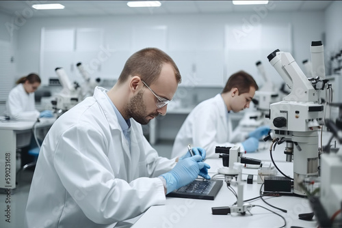 scientist looking at a microscope in a laboratory