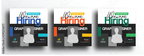 Hiring square banner social media post template design with yellow blue green color set
