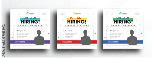 Clean and simple hiring sqaure banner social media post design with blue yellow green color variation