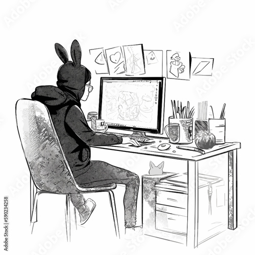 man in a rabbit costume works at a computer