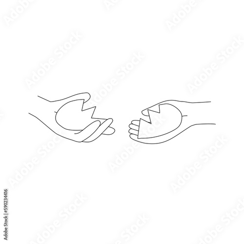Broken heart in two hands, reconciliation concept, doodle style vector outline for coloring book