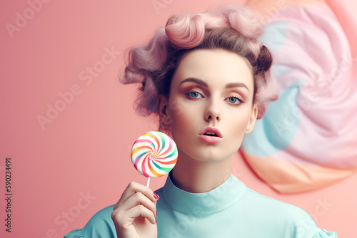 Woman with a lollipop, fictitious person. AI generated image