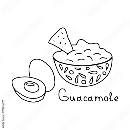 Mexican food guacamole in bowl with nachos, doodle style flat vector outline for coloring book