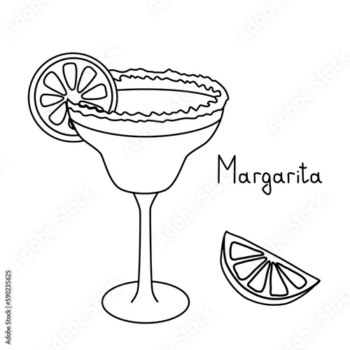 Margarita cocktail in glass with salt rim and lime slice, doodle vector outline for coloring book