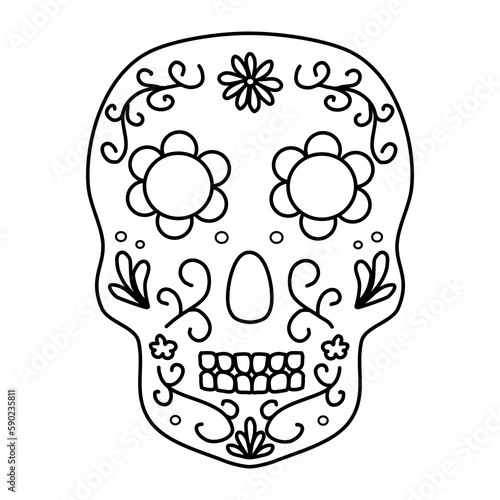Mexican sugar skull for day of the dead or Dia de los muertos, doodle vector outline