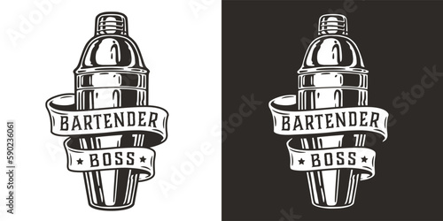 Bartender cocktail shaker with ribbon for bartending. Chromed metal boston shaker for barman of cocktail bar.
