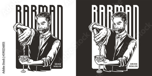 Barman with shaker and martini for bartending. Barkeepr or bartender with beard and mustache for cocktail bar.