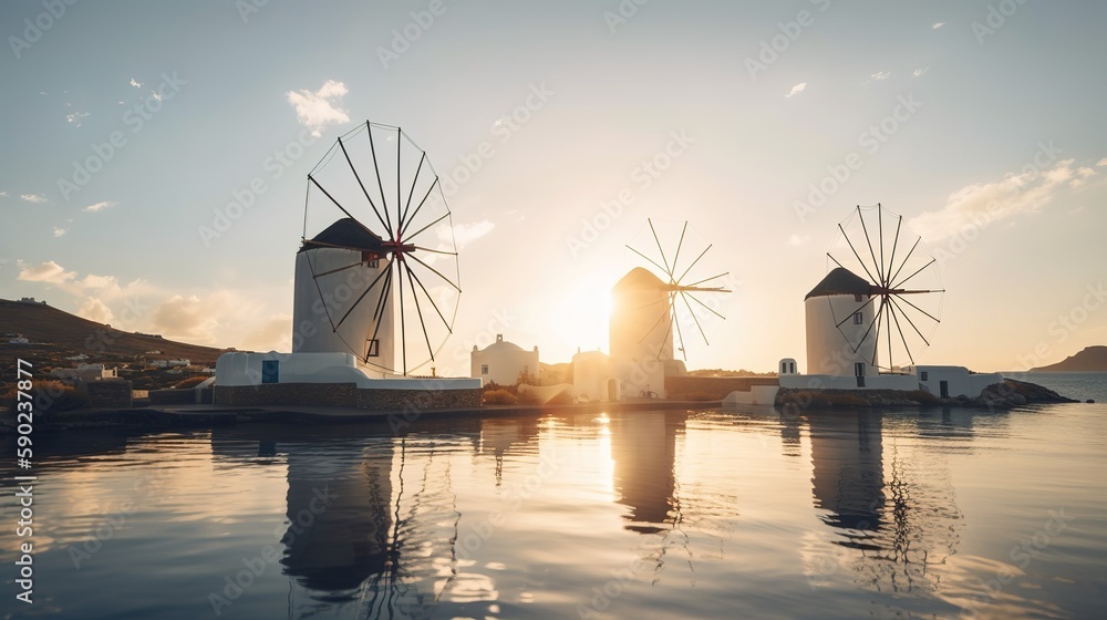 Historic Greek windmills on sunset with reflection in calm sea water, beautiful romantic Greece, AI generative