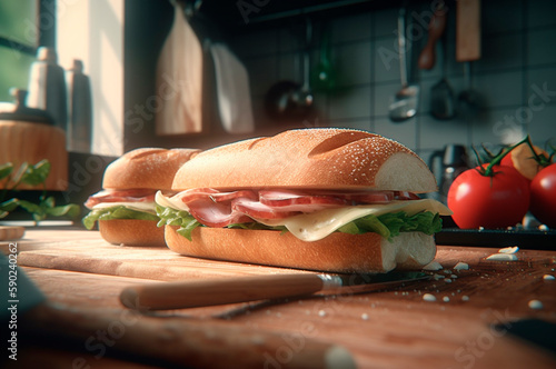 Homemade submarine baguette sandwich with ham, cheese, bacon, tomato, lettuce, cucumber and onion. AI generated