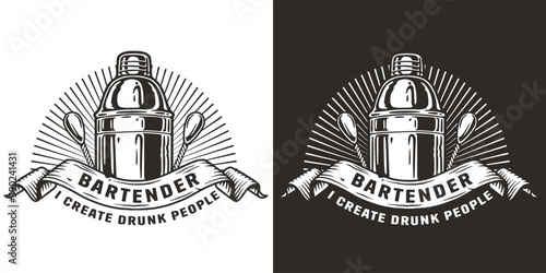 Bartender cocktail shaker with ribbon for bartending. Chromed metal boston shaker for barman of cocktail bar.