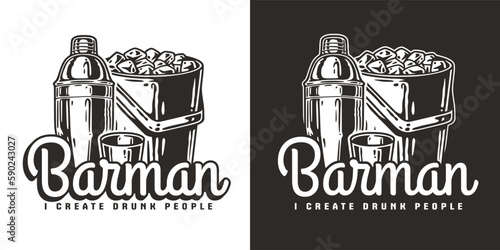 Bartending design with shaker, shot and ice for cocktail bar and bartender or barman