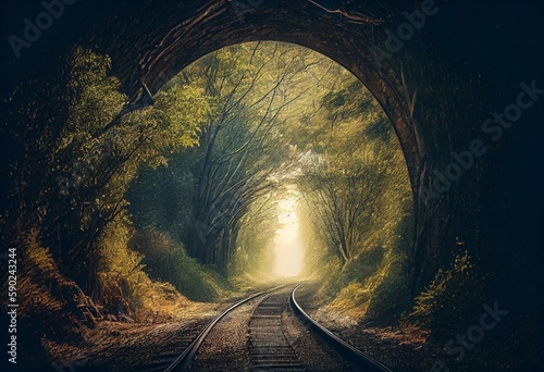 Sunlit railway tunnel leading to horizon through dense forest. Generative AI