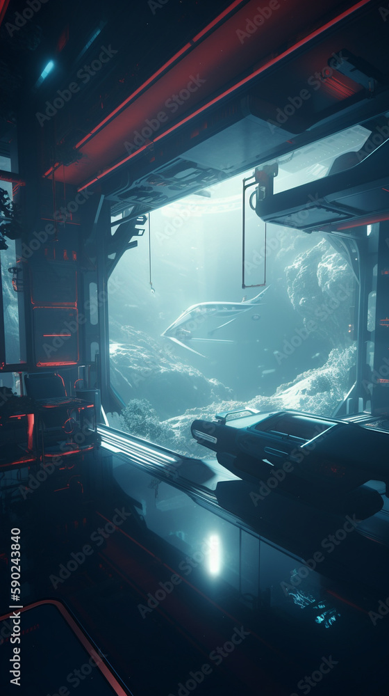 Ai digital art, Futuristic science fiction rendered in unreal engine. Cinematic ethereal hyperrealistic looking space station entry room with red and cyan lights. scifi vertical display wallpaper