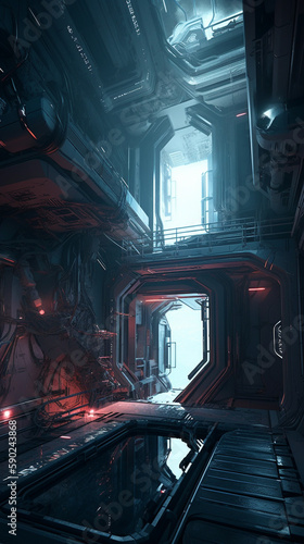 Vertical scifi wallpaper, futuristic interior scene of a spaceship, an interior scene from an alien planet