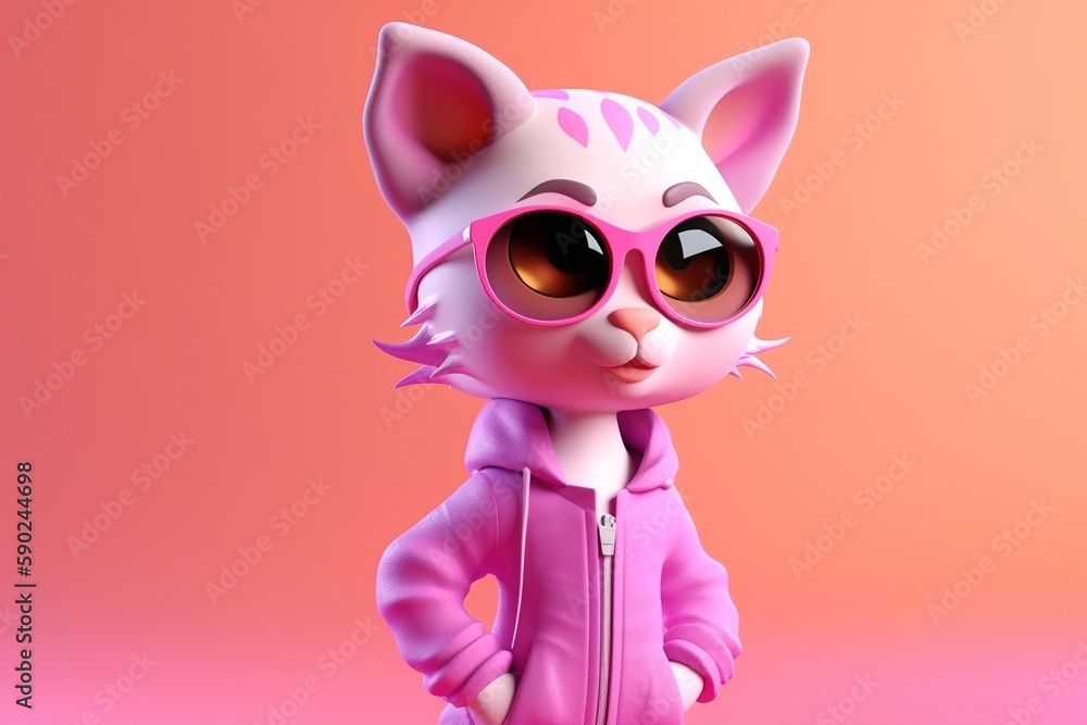 Cool cartoon character of cat with sunglasses and pink jacket over pink background. 3D illustration. Generative AI