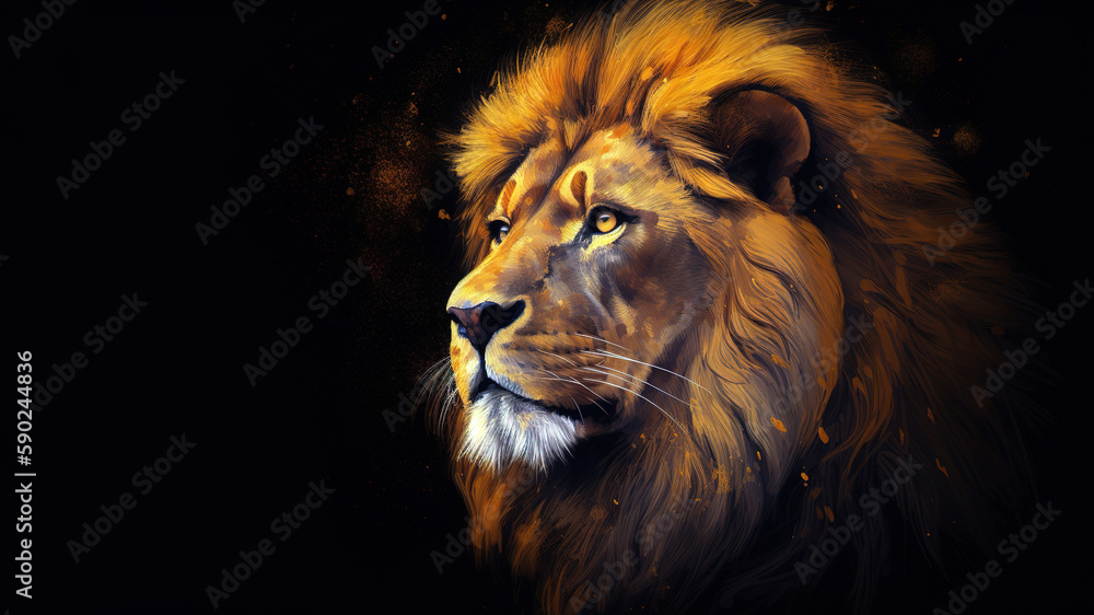 Lion head painting illustration over black background with copy space. Generative AI