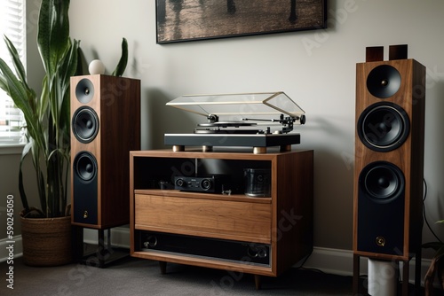 Hi fi wooden vintage speaker system in living room. Generative AI photo
