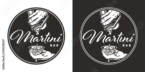Martini cocktail with bartender hand for alcohol cocktail bar. Logo design with glass of martini for barman