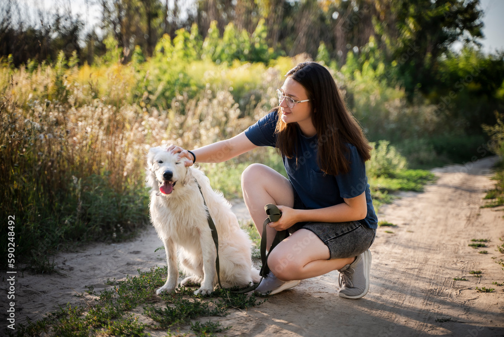 A woman strokes a white dog against the background of the forest. The dog is sitting on a dirt road. A woman strokes a white dog against the background of the forest. The dog is sitting on a dirt road.