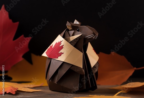 An origami Canadian Beaver with Maple leaf on its lapel