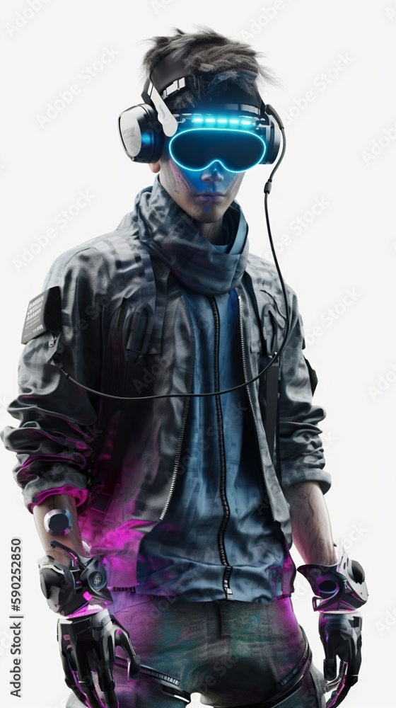 A stunning futuristic gamer wearing a virtual reality headset, adorned in elaborate make-up and hair style, and an androgynous costume inspired by the Japanese Visual Kei style. A stunning futuristic gamer wearing a virtual reality headset, adorned in elaborate make-up and hair style, and an androgynous costume inspired by the Japanese Visual Kei style.