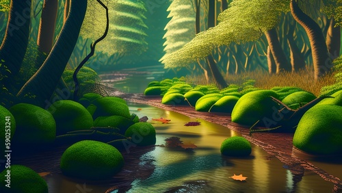 Narrow river flowing between green trees covered by fallen leaves in forest during daytime - generative ai