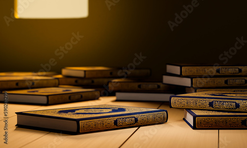 3D, Many Qurans on the wooden table, Islamic concept - The Holy Al Quran with written Arabic calligraphy meaning of Al Quran, Arabic word translation: The Holy Al Quran (holy book of Muslim)  photo