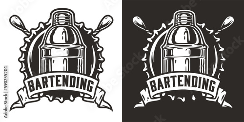 Bartender cocktail shaker with ribbon and bottle cap for bartending. Chromed metal boston shaker for barman of cocktail bar.
