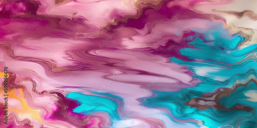 Illustration texture of abstract alcohol ink background in pink and teal colors. Mixing acrylic paints. Contemporary liquid art. Generative AI.