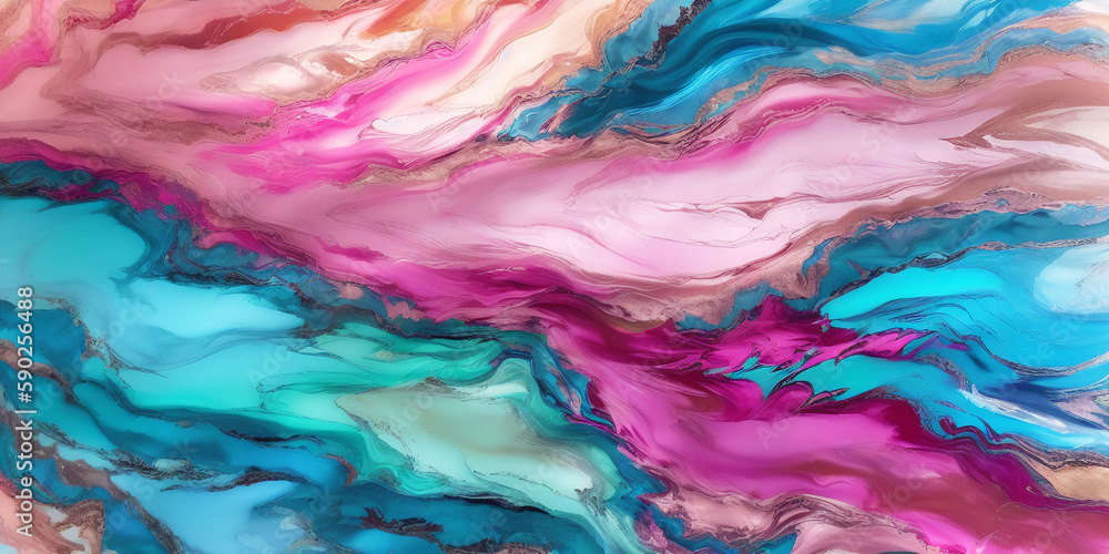 Generative AI illustration pink and teal alcohol ink abstract background texture. Contemporary liquid art. Abstract colorful background, wallpaper. Mixing colors. Generative AI.