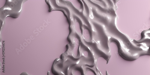 Illustration texture of abstract background of liquid thick silver paint on a pink lilac background. Place for text. Contemporary liquid art. Background, wallpaper. Generative AI.