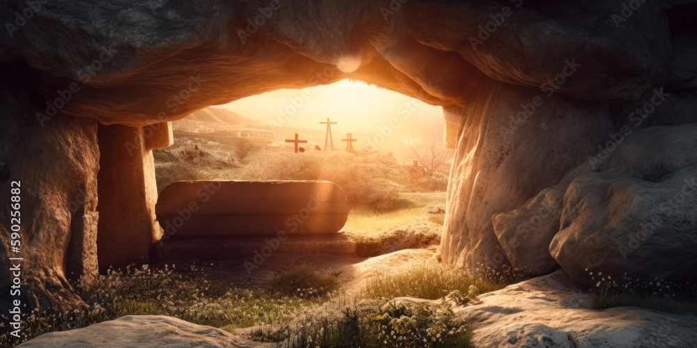 Tomb Empty With Shroud And Crucifixion At Sunrise. Resurrection Of ...