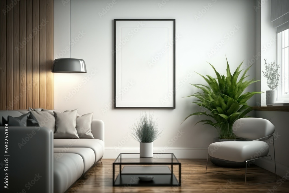 Mockup poster frame on the wall of living room. Modern interior design. Background with selective focus. AI generated Mockup poster frame on the wall of living room. Modern interior design. Background with selective focus. AI generated