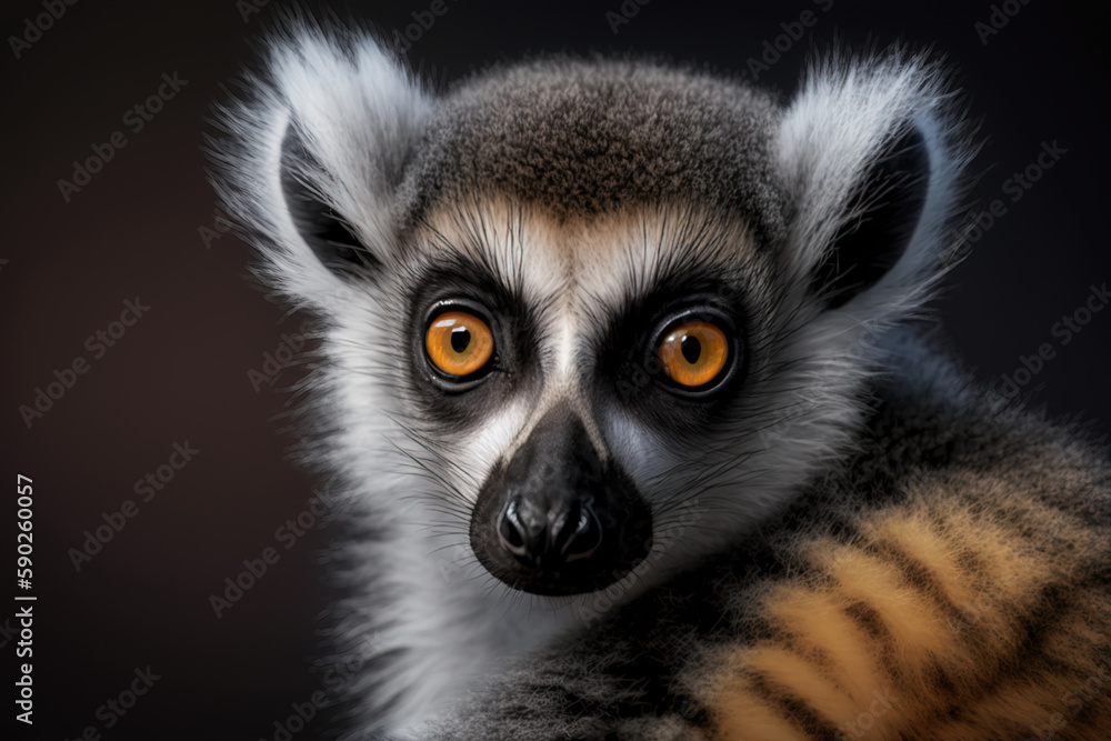 Naklejka premium Generative AI. Ring-tailed lemur (Lemur catta) is a large strepsirrhine primate and the most recognized lemur due to its long, black and white ringed tail.