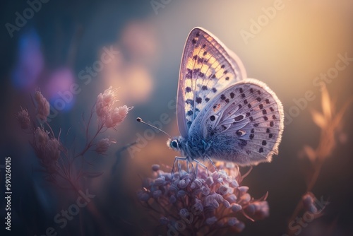 Romantic natural floral background with a butterfly on flower with bokeh, close-up macro. AI generated, human enhanced