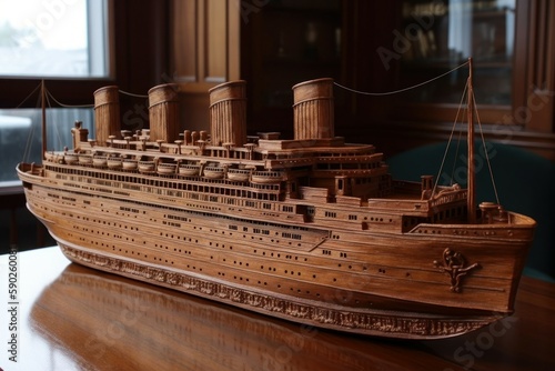 A ship reminiscent of the Titanic carved from mahogany wood. AI generated, human enhanced
