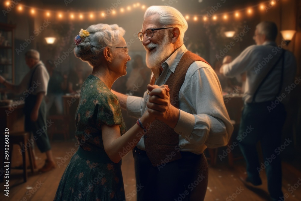 Grandpa and grandma are dancing. Leisure of happy energetic pensioners. AI generated, human enhanced