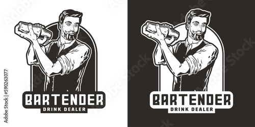 Bartender with shaker for bartending. Barman with beard and mustache for cocktail bar