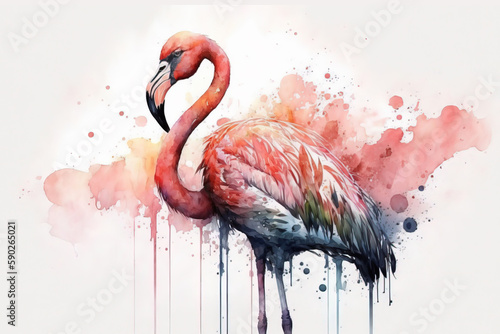 Generative AI. Portret of a Flamingo bird  watercolor painting. Red flamingo  Phoenicopterus ruber   zoological illustration