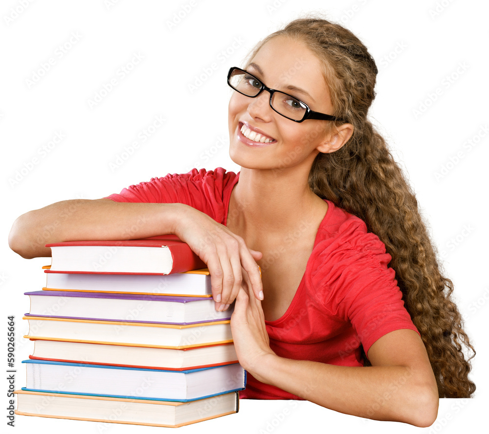 Friendly Young Girl Sitting Behind a Invisible Desk with a Books - Isolated Friendly Young Girl Sitting Behind a Invisible Desk with a Books - Isolated